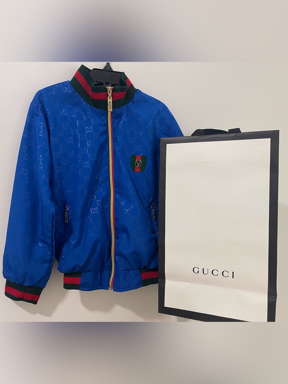 Boys Gucci Blue Monogram Bomber Jacket Size 6